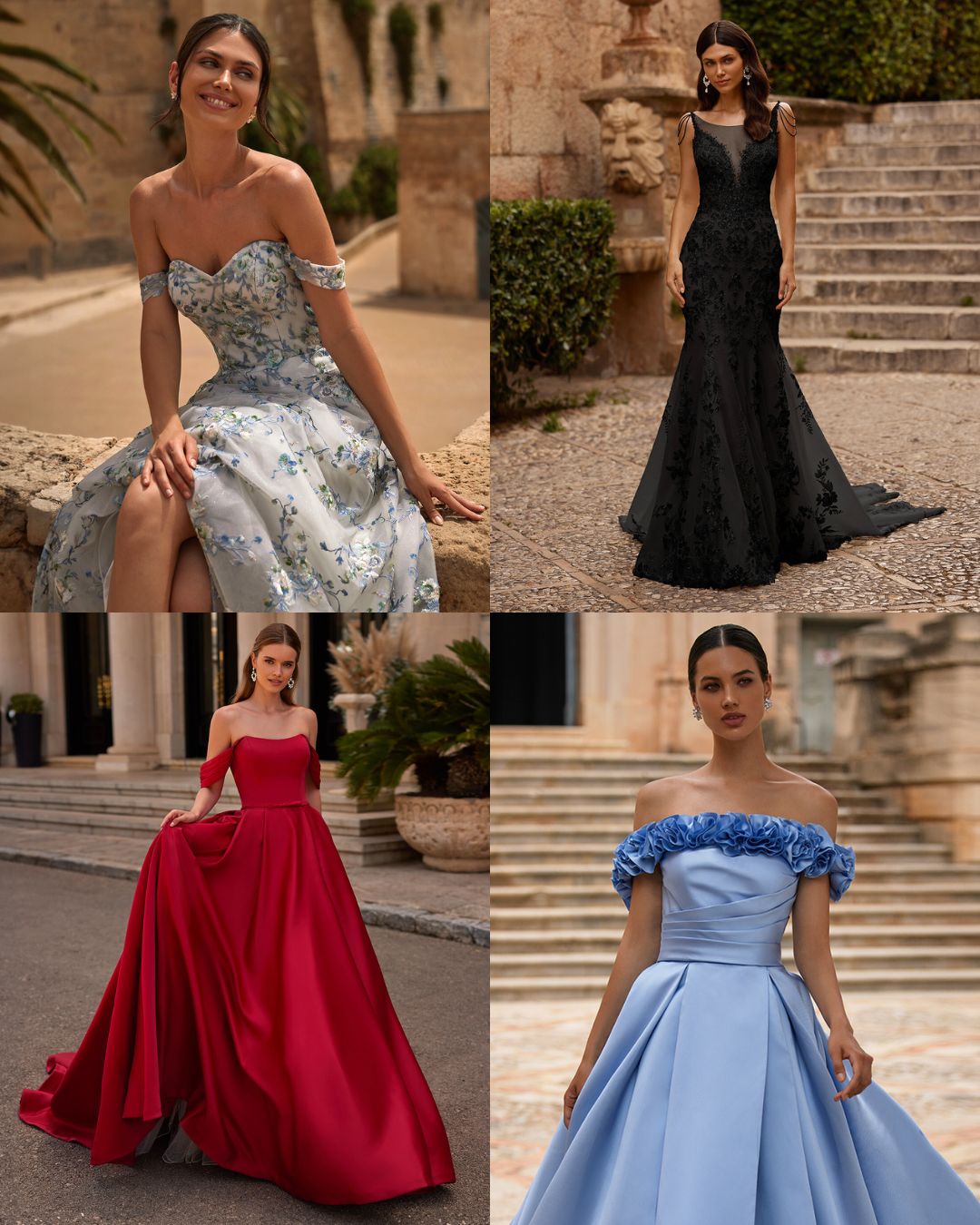 women wearing colorful wedding dresses in blue, black, and ruby. 