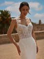 Closeup View of Bride Wearing A Sweetheart Lace Bodice Wedding Dress With Tank Straps
