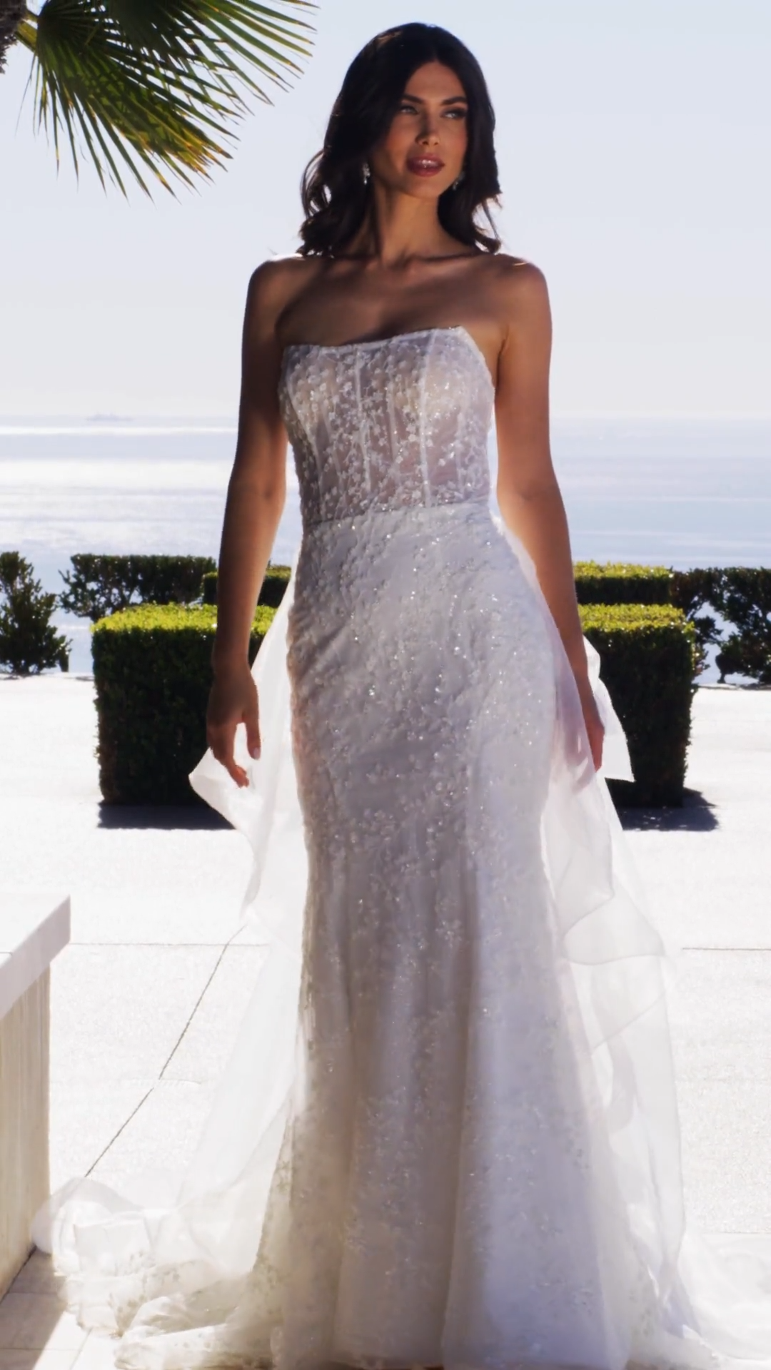 Moonlight Couture H1585 Chic and Timeless Beaded Tulle Mermaid with Sheer Bodice and Detachable Train