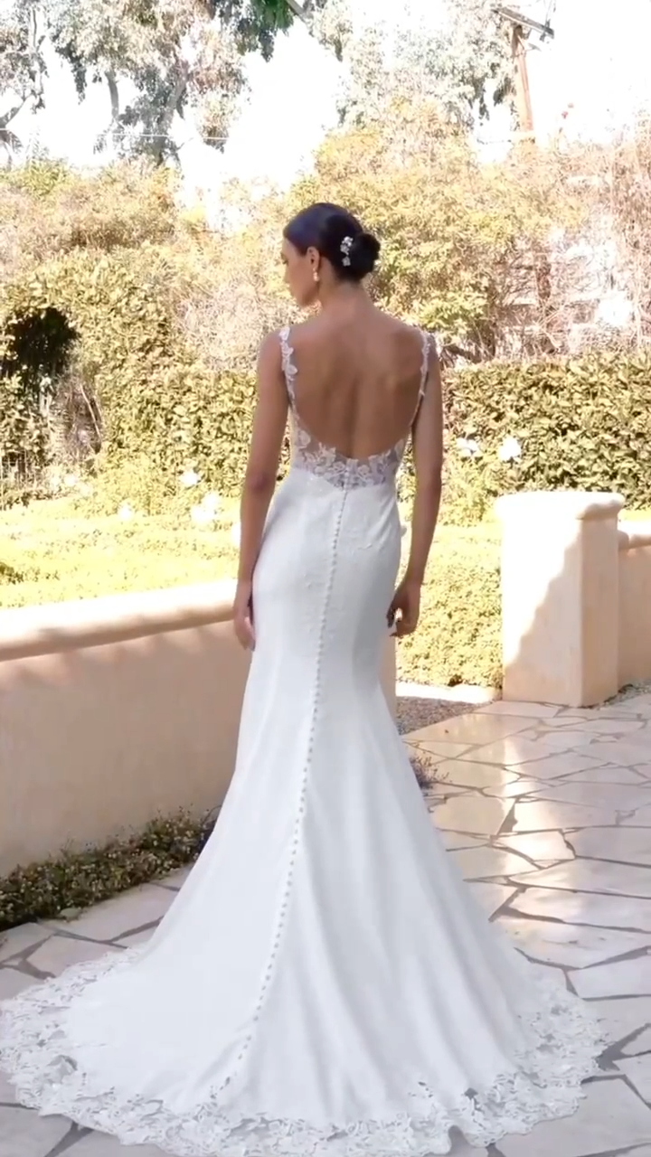 Moonlight Collection J6931 Simply Elegant Crepe and Lace Appliques Mermaid Gown in Ivory