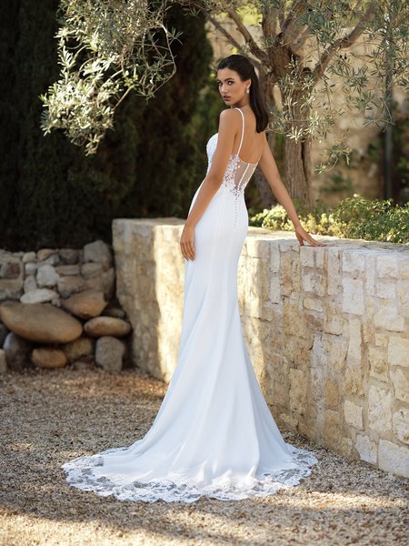 Moonlight Collection J6941 Open Illusion Back with Buttons Fitted Mermaid with Chapel Train