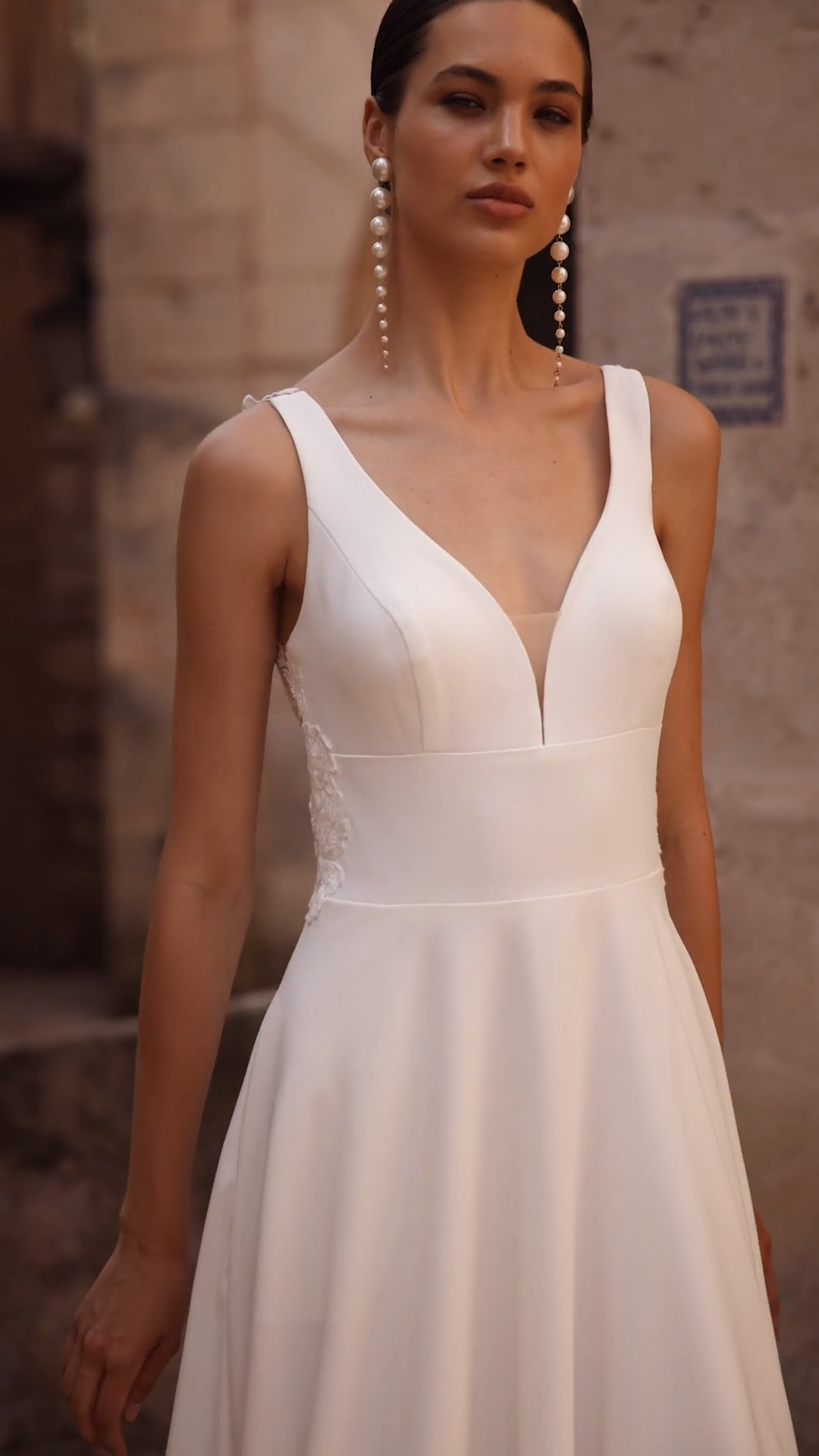 Cummerbund crepe A-line wedding dress with sweetheart neckline and cutout lace train