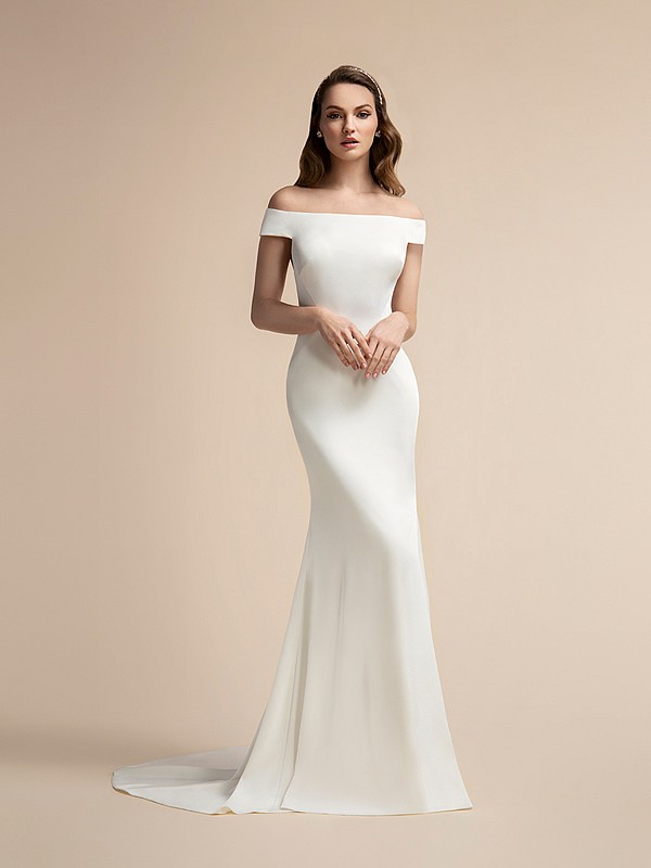 Sexy Crepe Mermaid Wedding Dress with Off-the-Shoulder Sleeves Moonlight T904