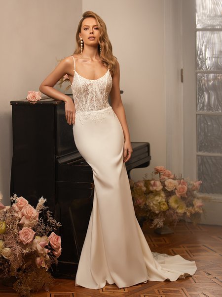 Moonlight Tango T972 Unlined Scoop Neck Lace Appliques Bodice with Fitted Crepe Mermaid Wedding Dress