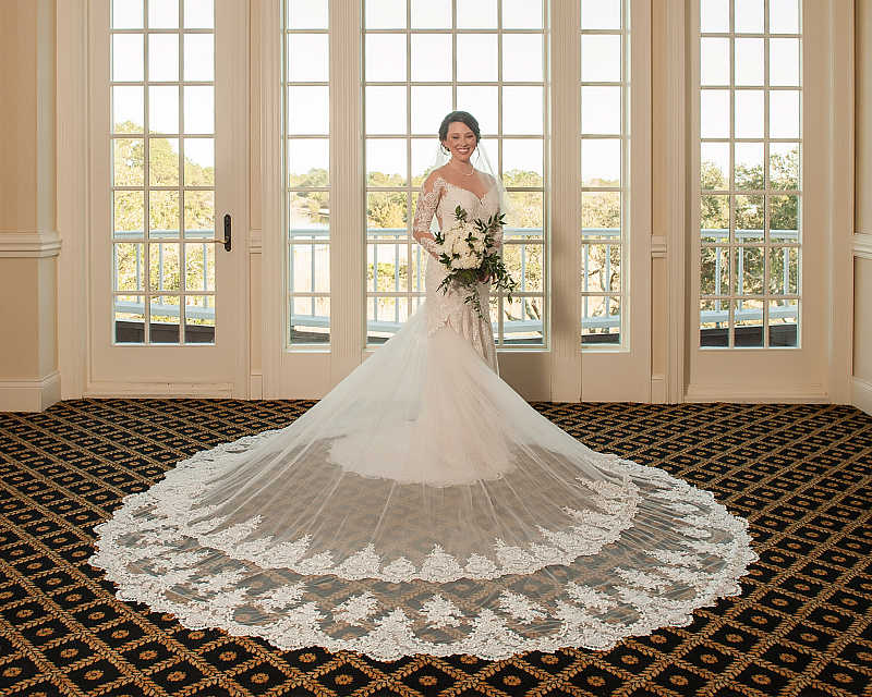 Grand Historic Hotel Wedding | Illusion Lace Cathedral Train Wedding ...