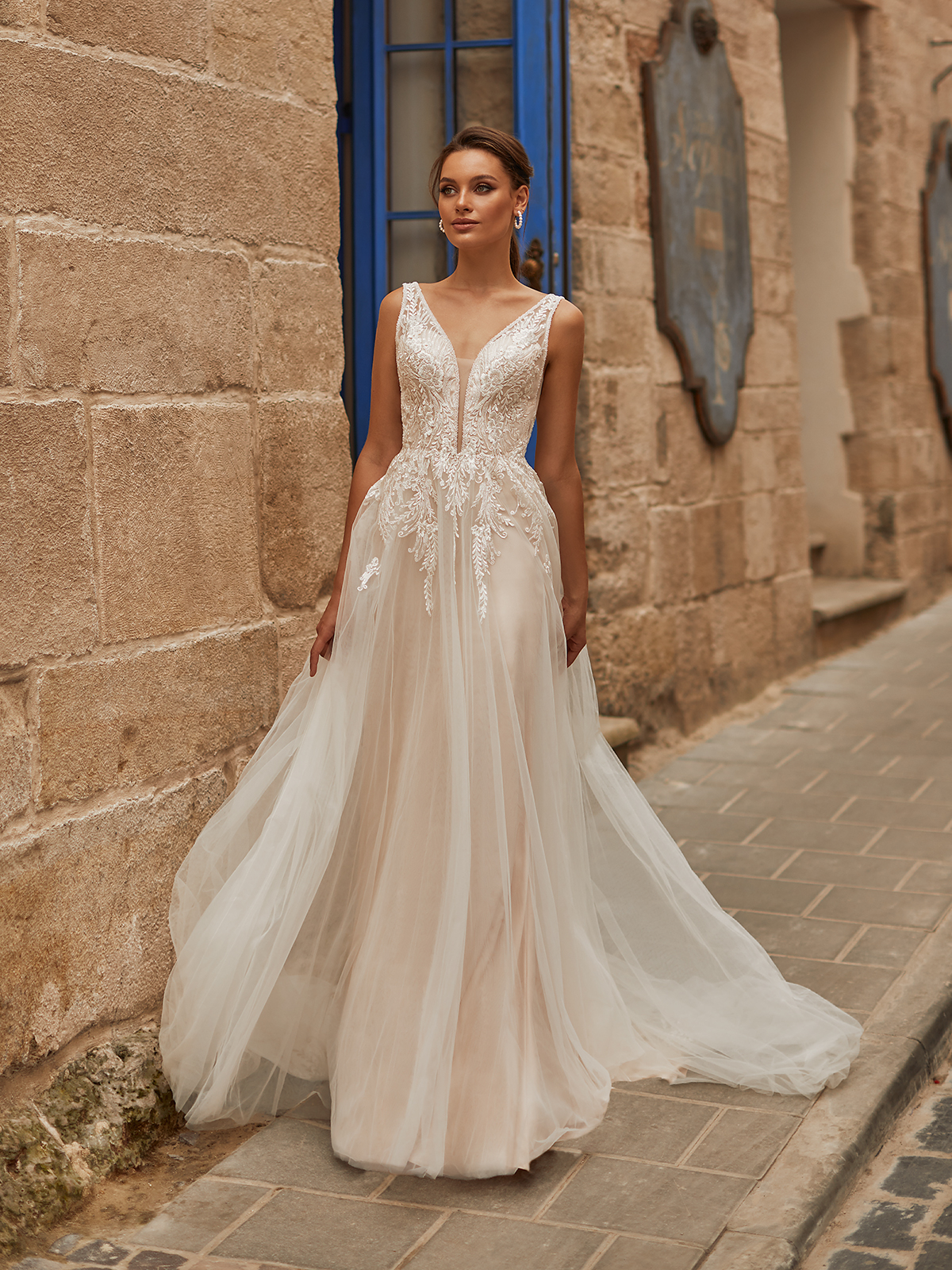 STYLE J6811 - Flowy Boho Tulle Bridal Gown with Vine Lace Appliqué Details