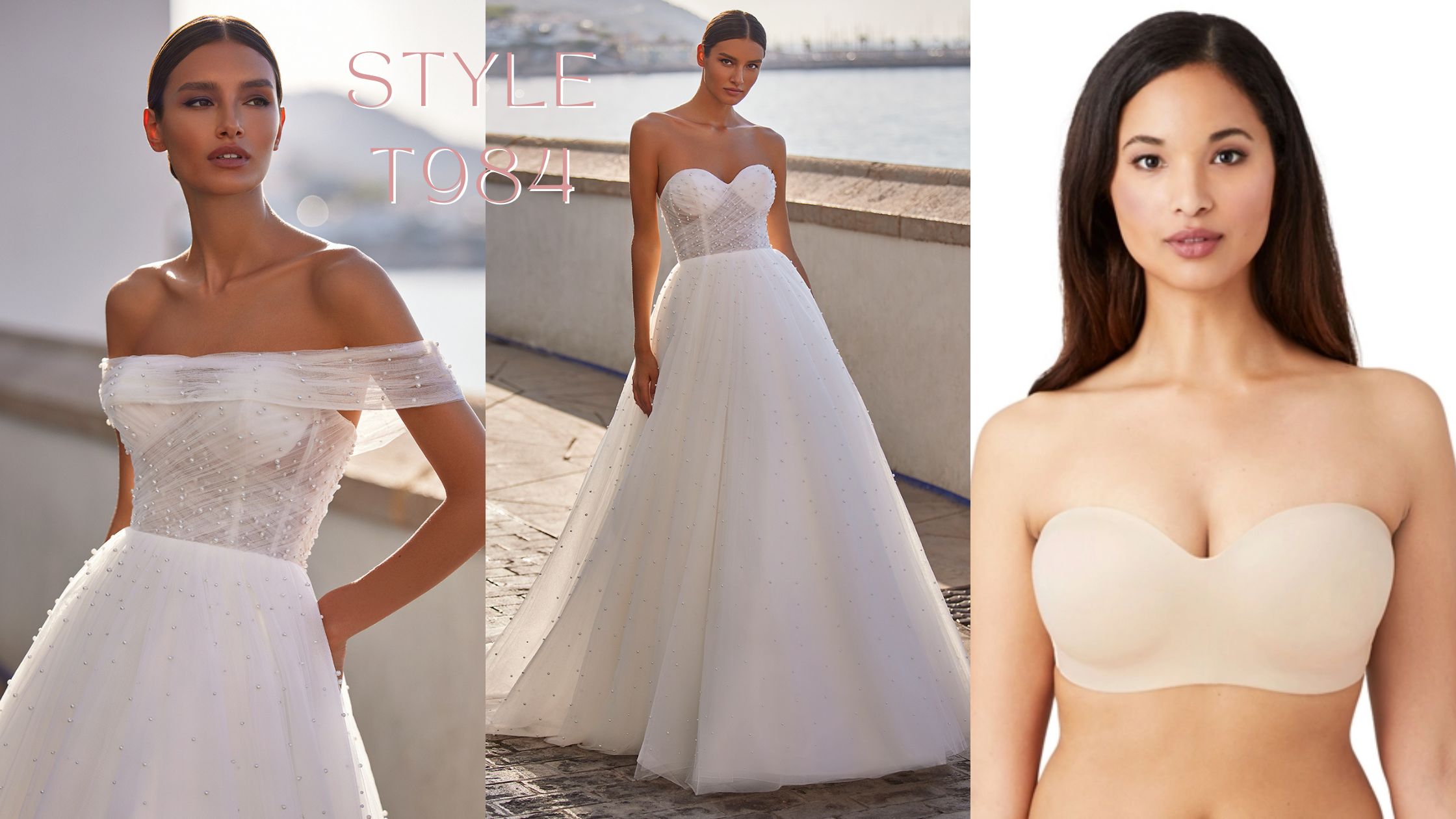 Woman wearing  a strapless wedding dress and a woman wearing a strapless bra that would work with this dress style