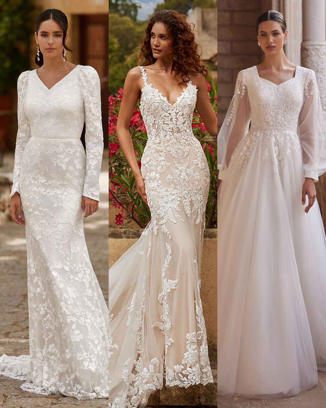 A collage photo of three women posing in different lace wedding gowns. 