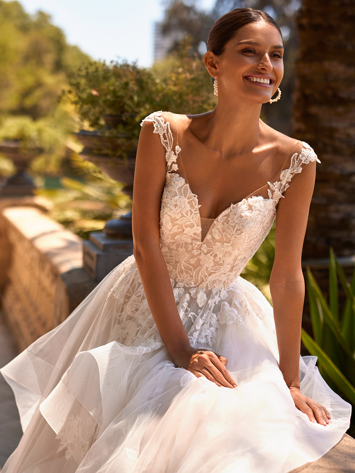 Long Sleeve Ball Gown Wedding Dress with Embellished Illusion Sleeves and  Tulle Skirt