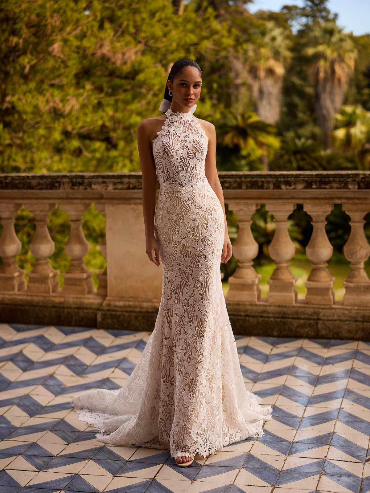 Lacey Mermaid Halter Neck Wedding Dress With Bow Detail