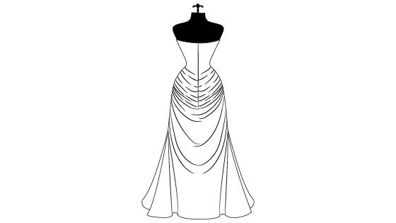 Back of a wedding dress with a sling bustle which creates an asymmetrical look