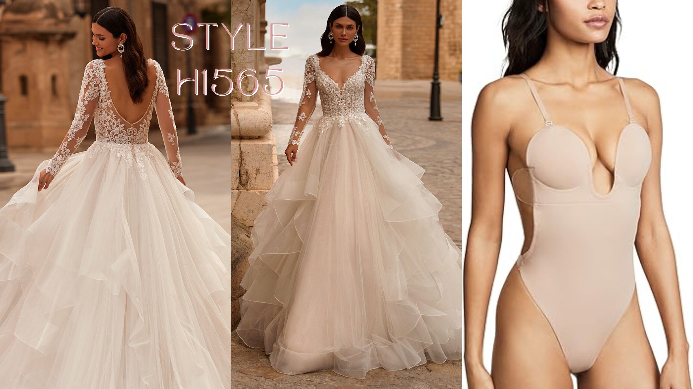 Bride wearing a ball gown with a plunging neckline and a woman wearing a U plunge bodysuit that would work with a plunging neckline gown