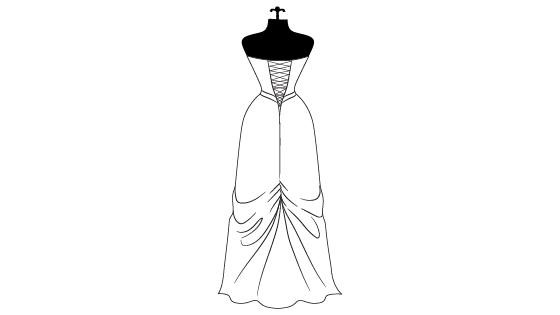 Sketch of a wedding dress with an Austrian bustle which is used to form ruffles