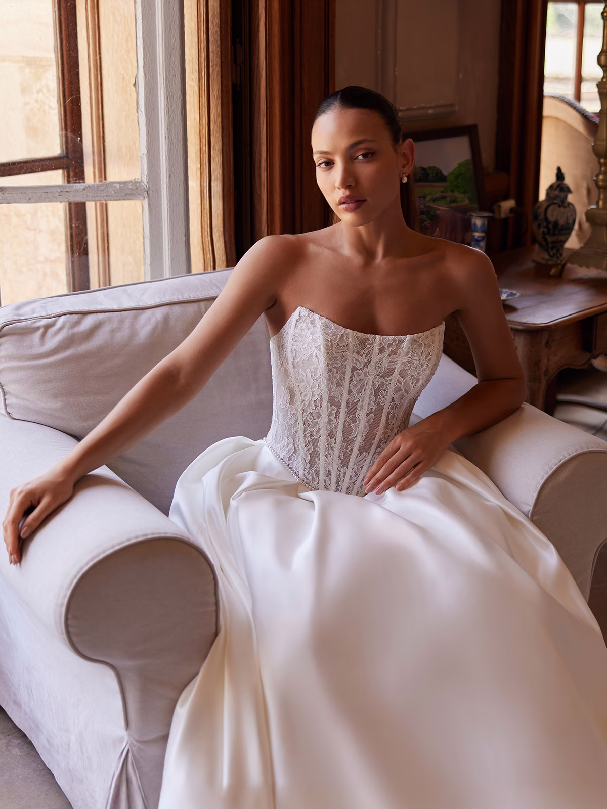 Satin A-line with corded lace appliqués & detachable bow