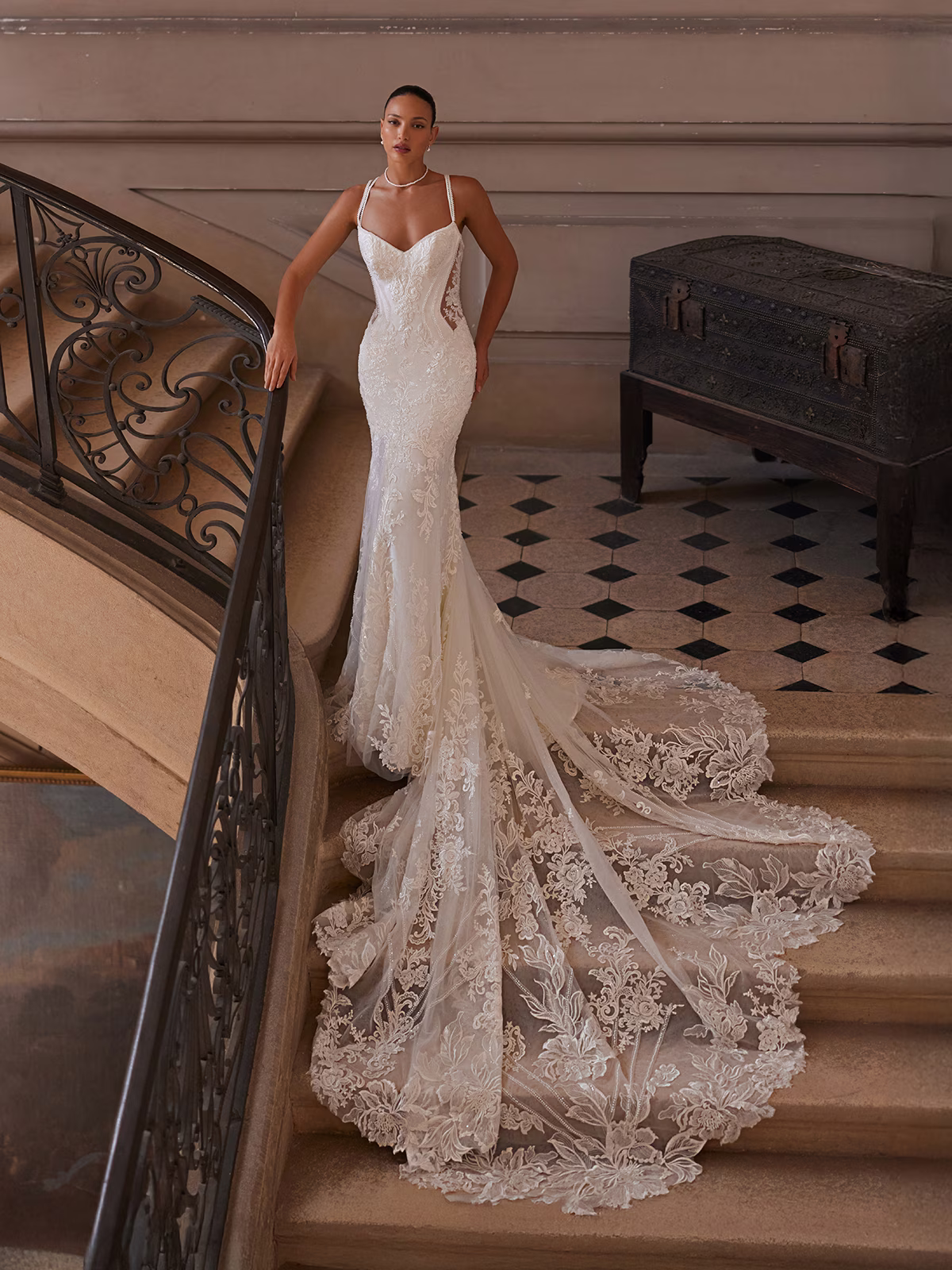 Sparkle tulle mermaid with illusion cutouts & cathedral lace train