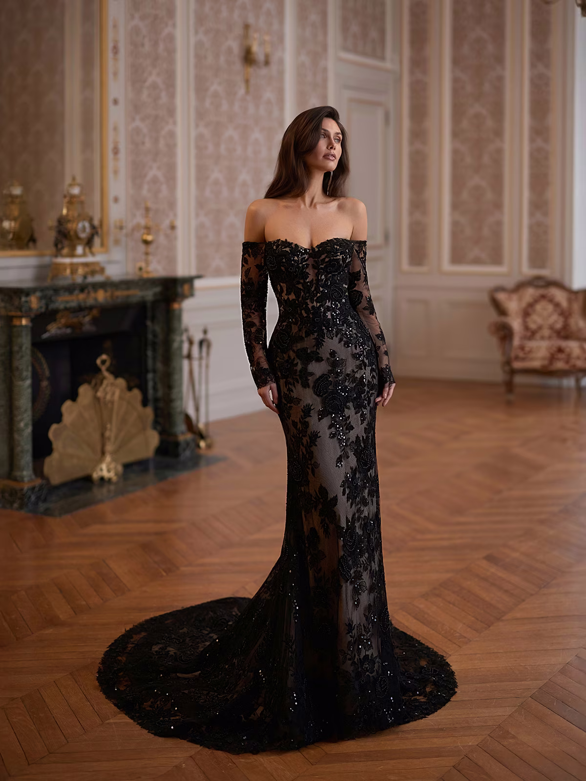 Black Lace Mermaid Wedding Dress With Detachable Sleeves