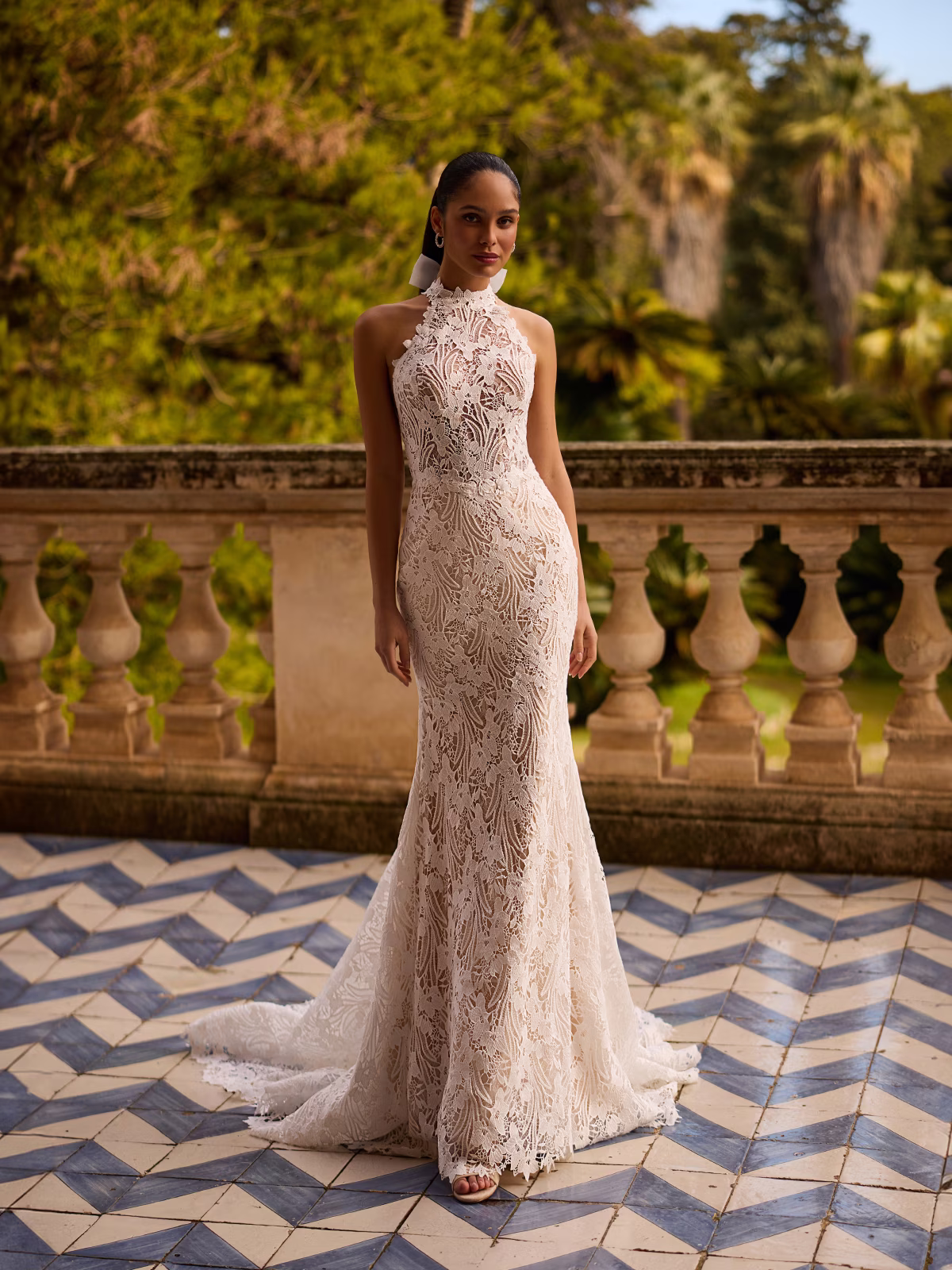 Lacey Mermaid Halter Neck Wedding Dress With Bow Detail