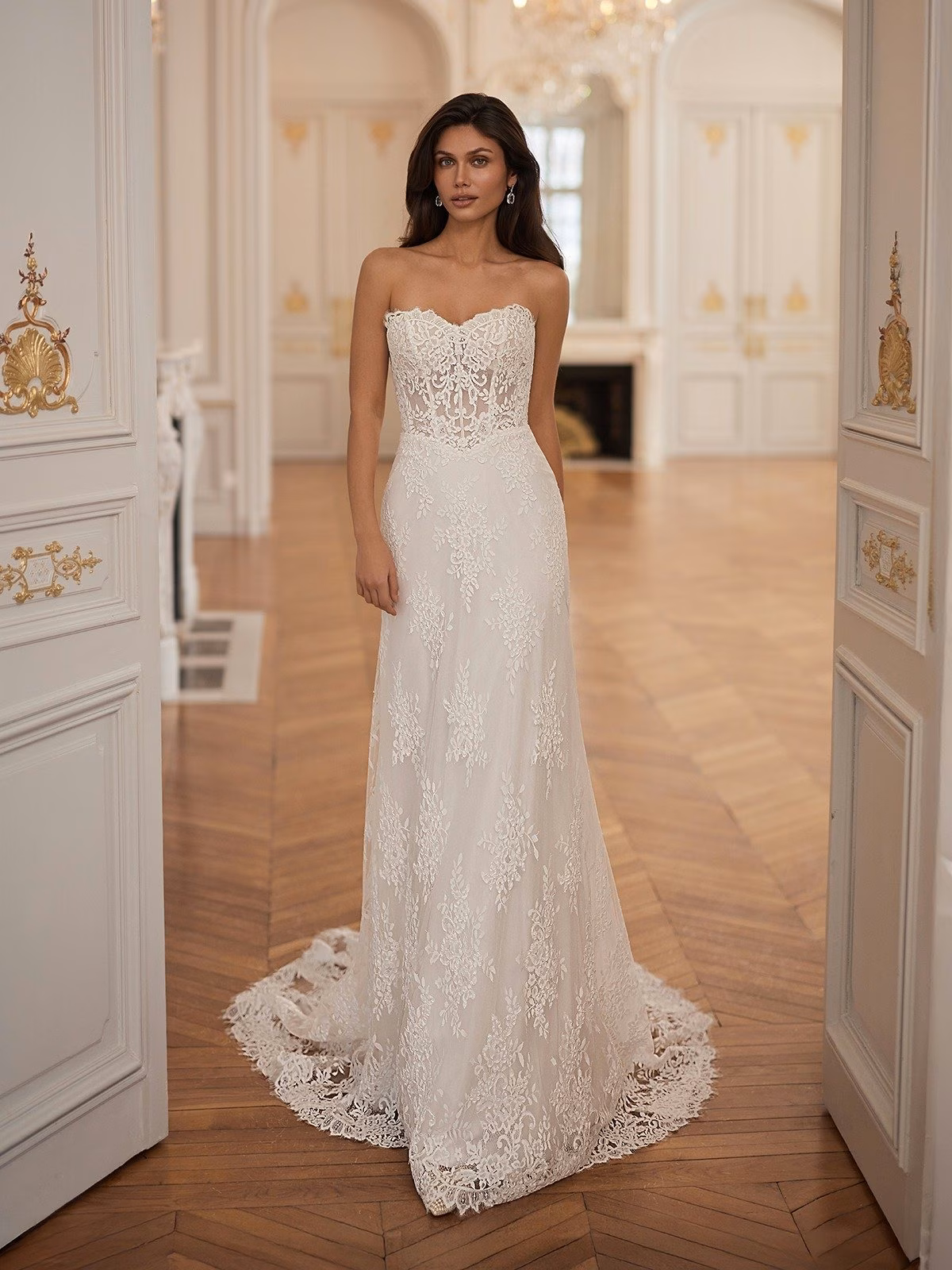 Moonlight Collection J7001 Unlined strapless eyelash lace trim sweetheart mermaid bridal gown