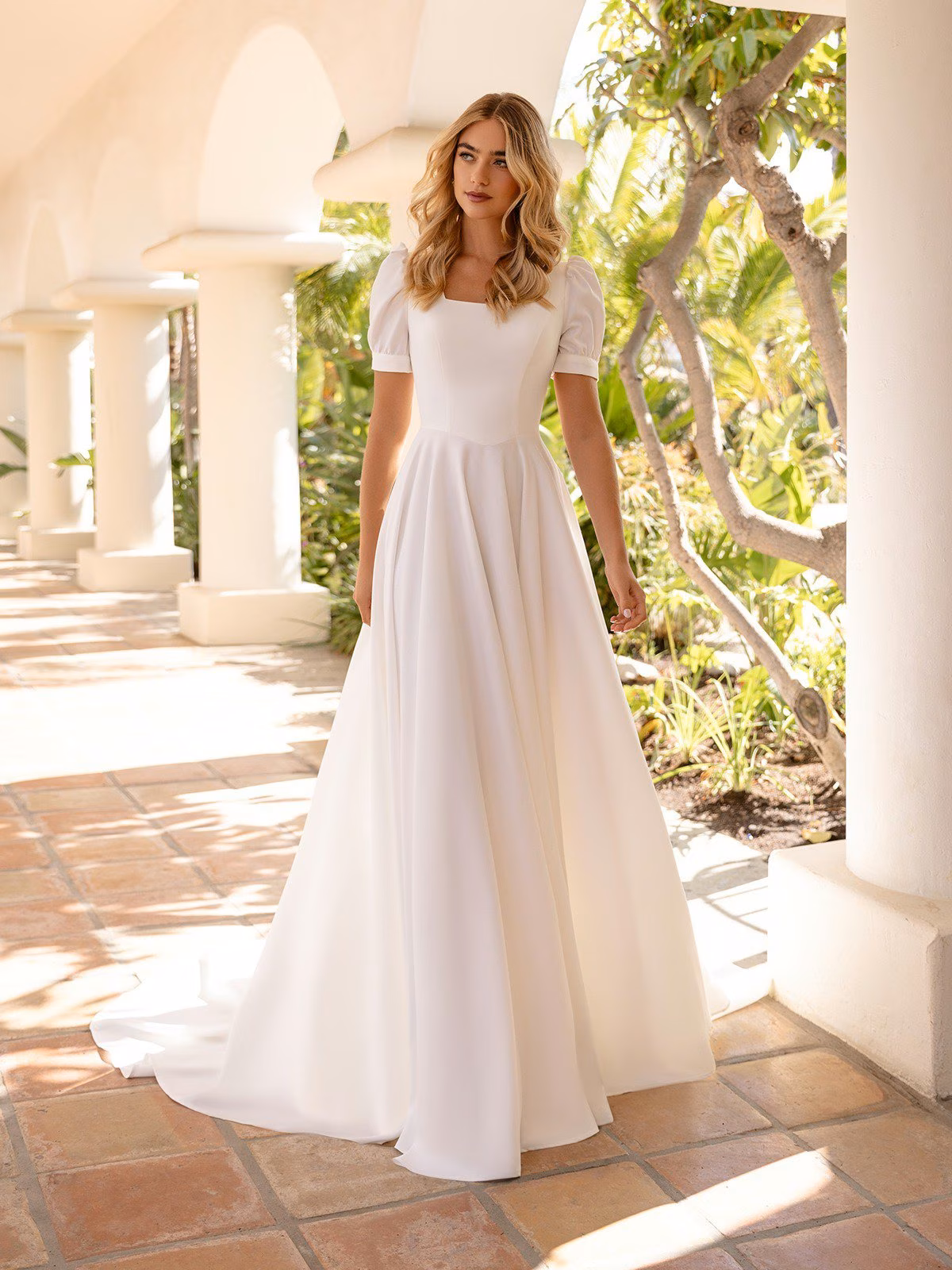 Style M5101 Temple ready short puff sleeves with cuff and square neck crepe A-line wedding dress