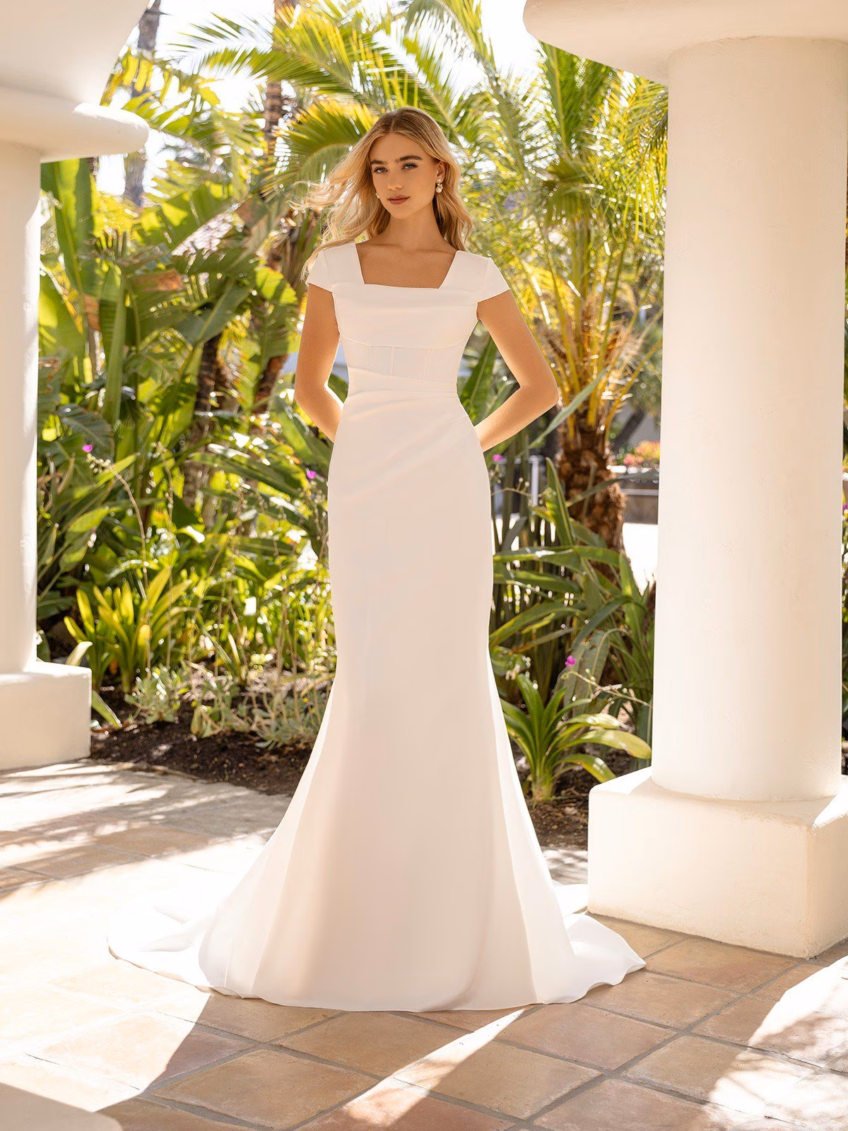 Style M5103 Square neck short sleeves crepe back satin temple ready mermaid wedding dress