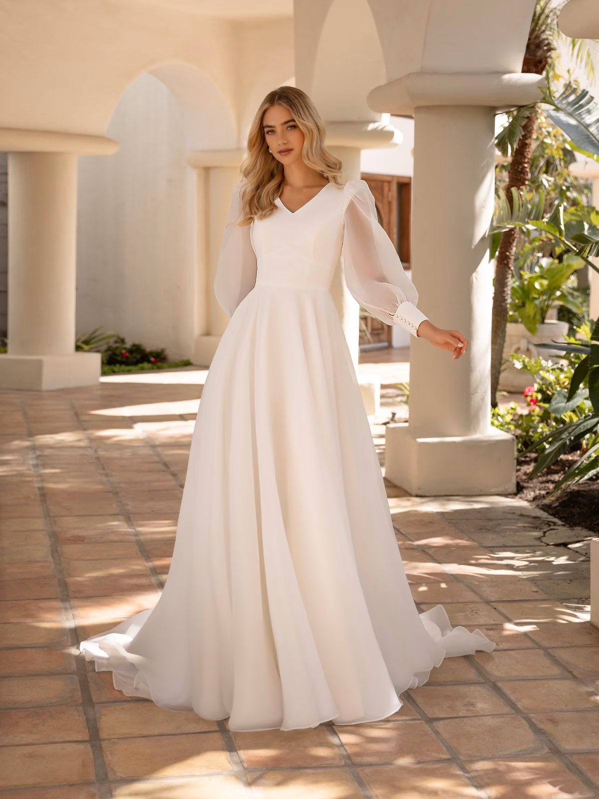 Style M5104 Wide V-neck long bishop with lined cap sleeves crepe and organza temple ready A-line dress