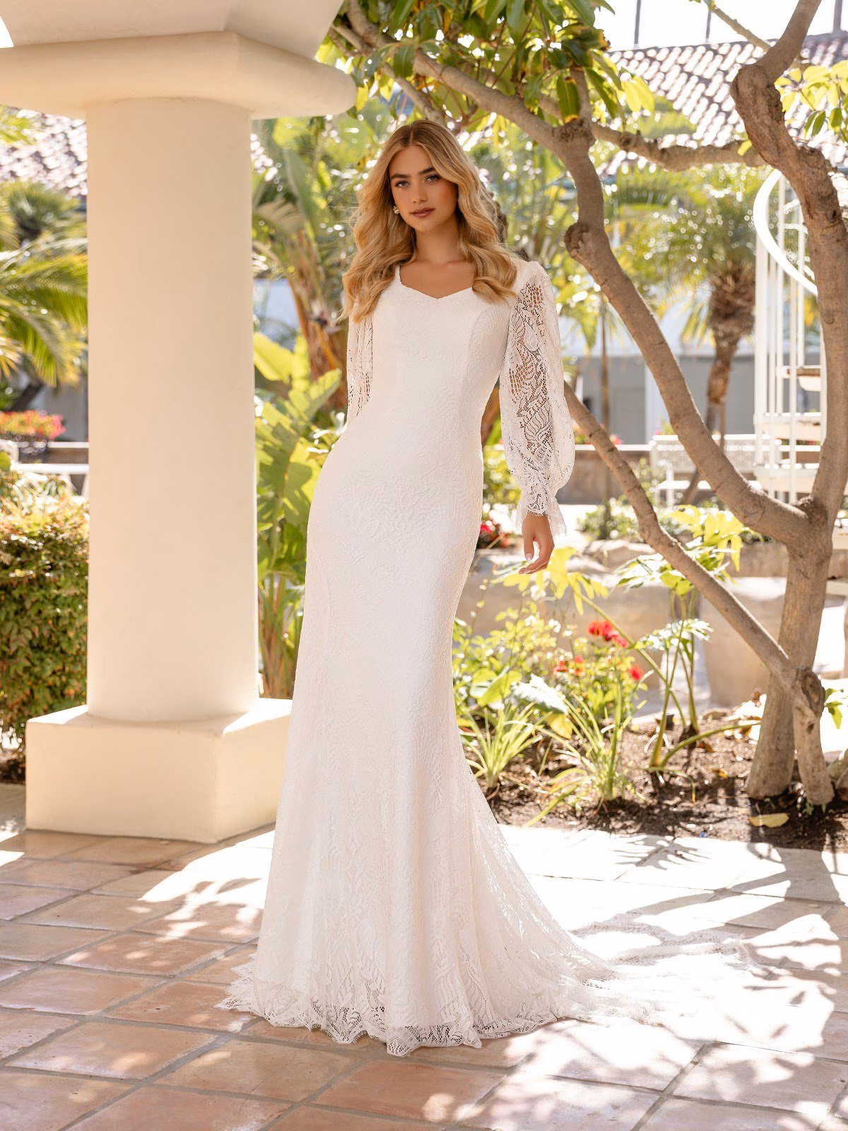 Style M5105 Sweetheart with illusion long puff sleeves with ruffled cuff temple ready mermaid in all lace fabric