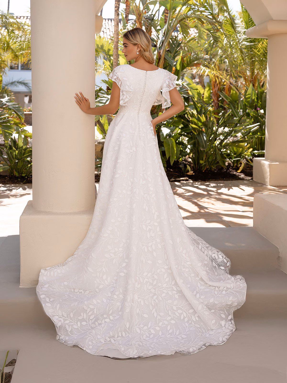 Style M5106 Bateau back flutter short sleeves all lace modest A-line wedding dress with sweep train