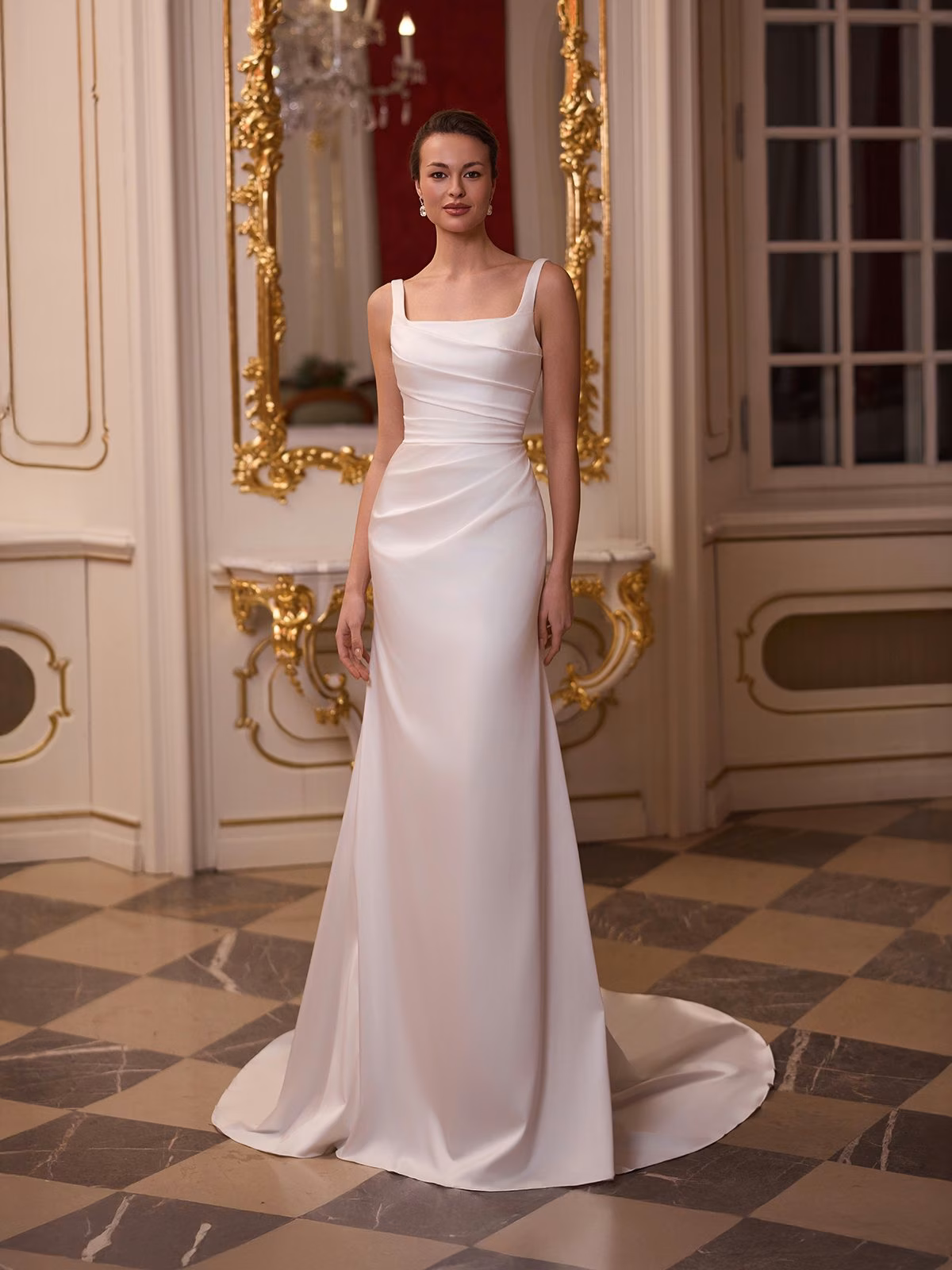 Square neck ruched front bodice stretch satin mermaid wedding dress Moonlight Tango T222