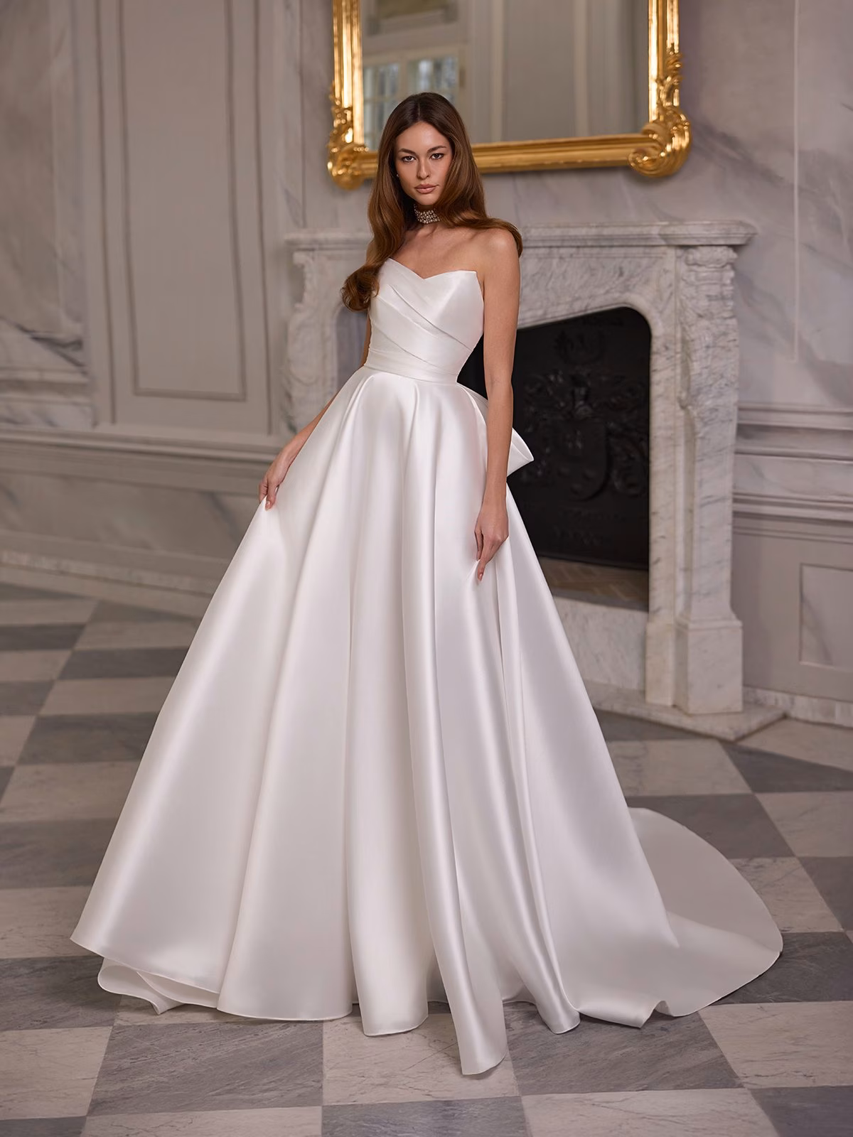 Strapless pointed sweethear with ruched bodice drop waist A-line dress Moonlight Tango T223