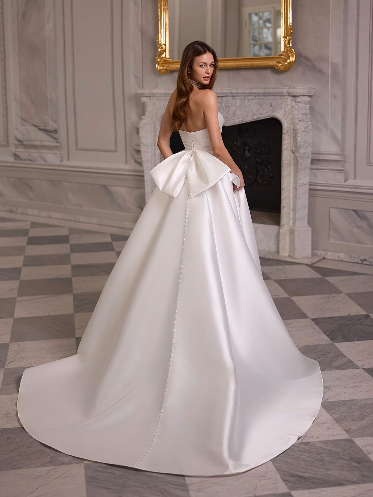 Open back mikado drop waist A-line dress with detachable bow and buttons to end of sweep train Moonlight Tango T223