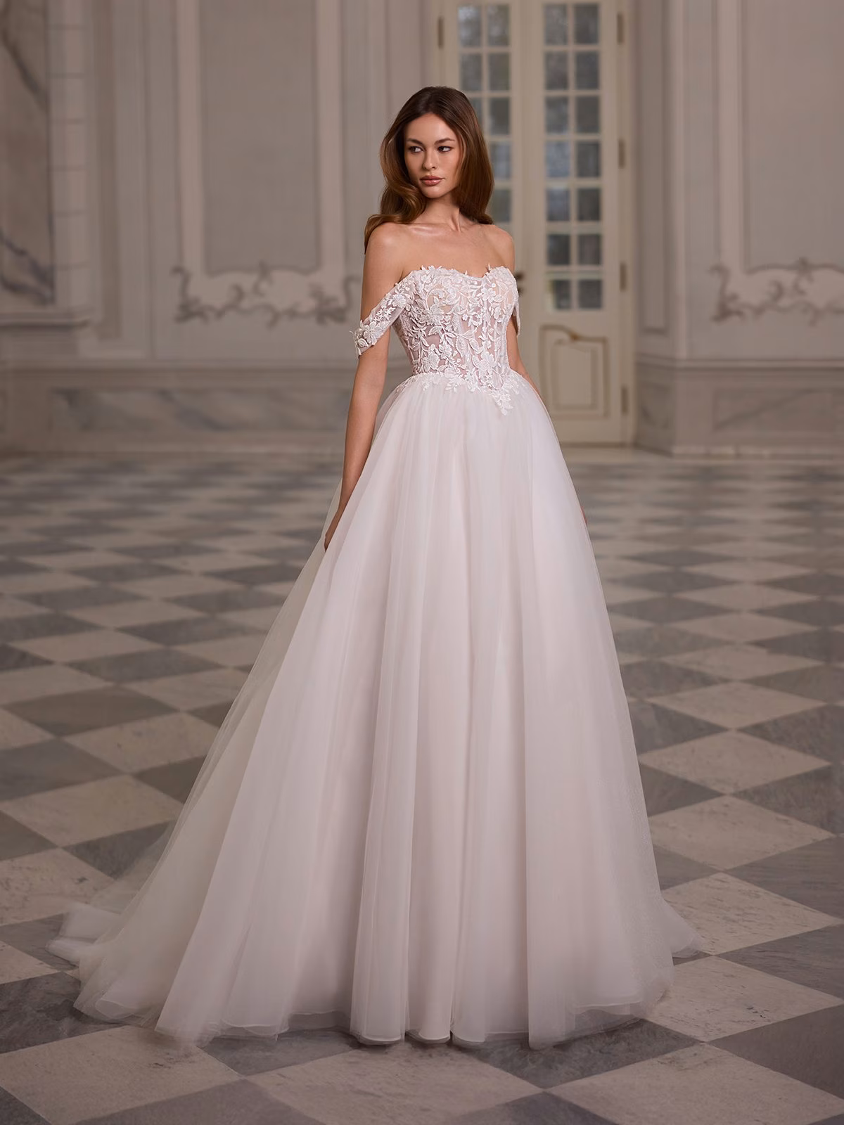 Unlined strapless sweetheart with basque waist full A-line with detachable swag sleeves Moonlight Tango T224
