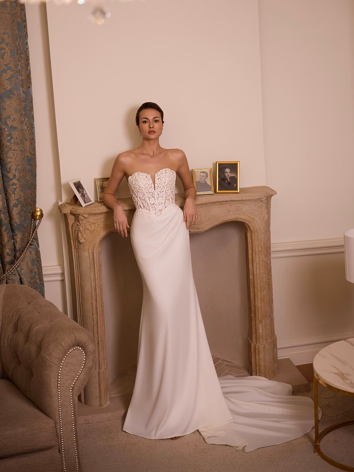 Moonlight Tango T225 Unlined strapless sweetheart with illusion inset lace appliques and crepe mermaid with stretch jersey lining