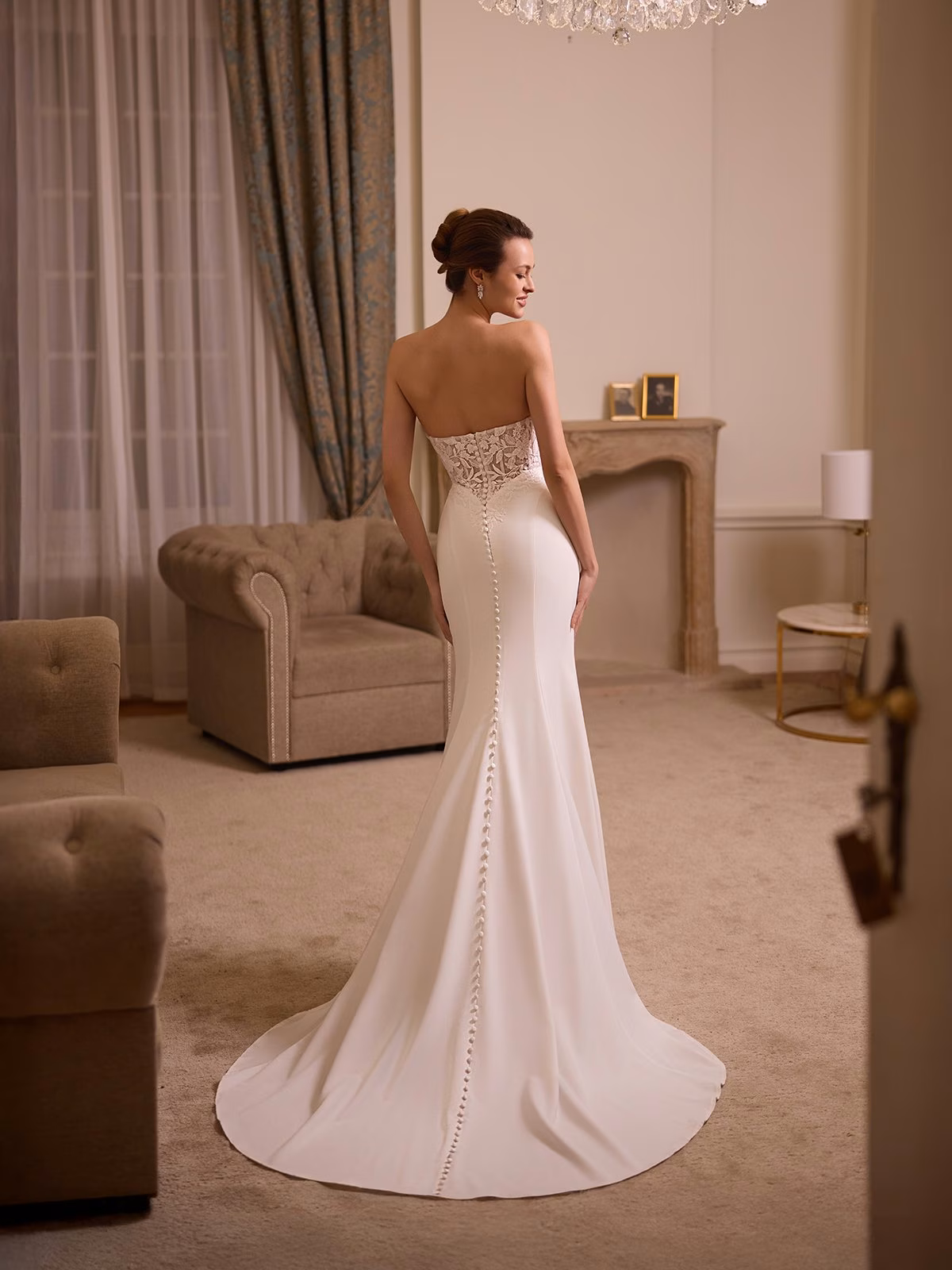 Moonlight Tango T225 See-through open back lace and crepe mermaid with buttons to end of sweep train