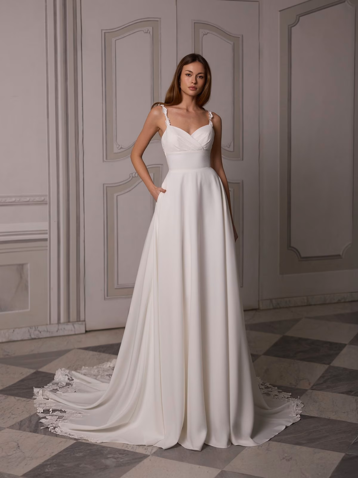 Moonlight Tango T226 Surplice sweetheart with lace straps crepe back satin A-line with pockets and cutout lace train