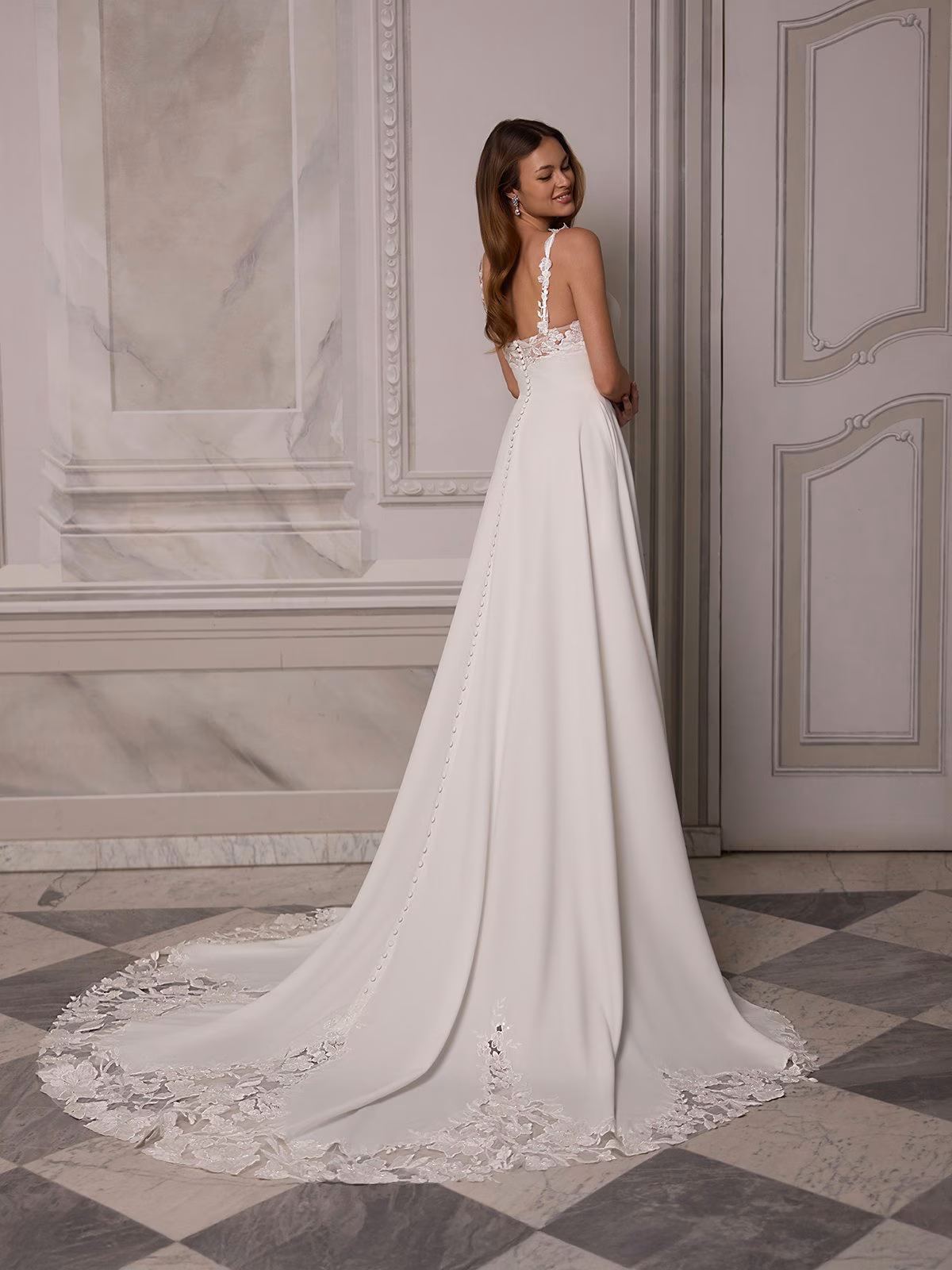 Moonlight Tango T226 Open back with lace appliques over illusion inset mermaid with buttons to end of crepe train