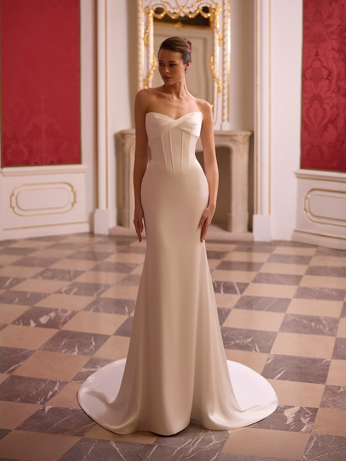 Strapless pleated sweetheart with exposed boning and basque waist stretch satin twill mermaid gown Moonlight Tango T227