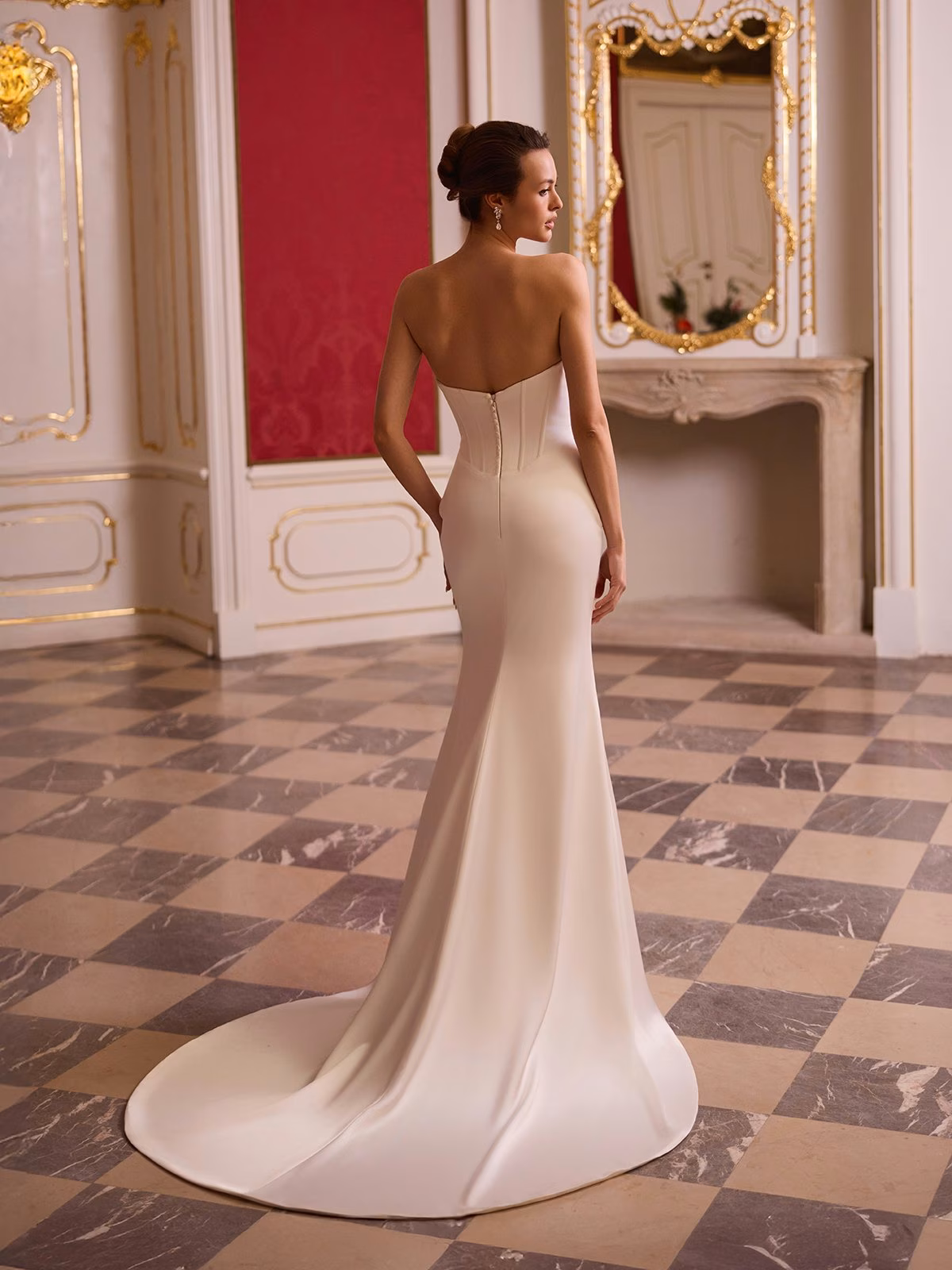 Open back exposed boning mermaid with basque waist and sweep train Moonlight Tango T227