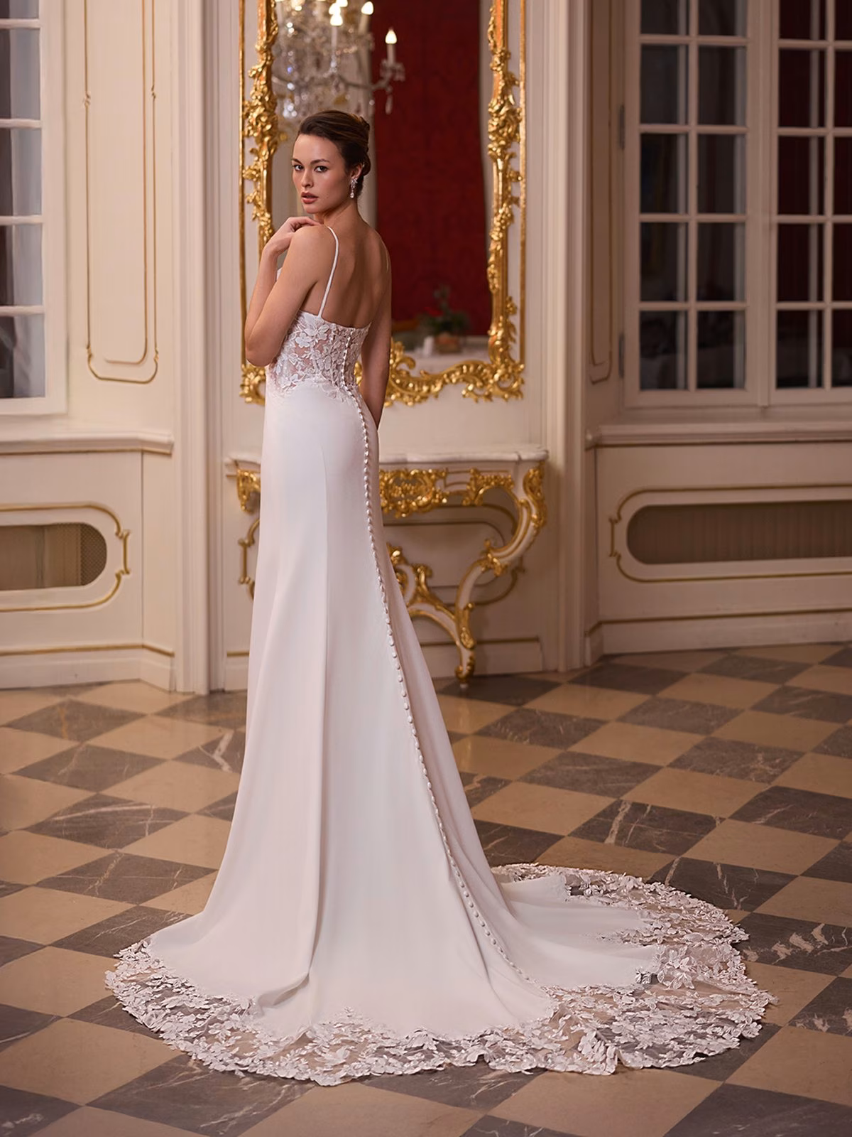 Moonlight Tango T228 Lace appliques on illusion open back mermaid with buttons to end of crepe and cutout lace train