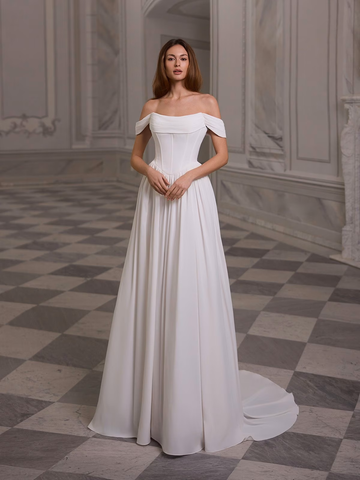 Pleated scoop neck with exposed boning satin georgette A-line with detachable pleated swag sleeves Moonlight Tango T229