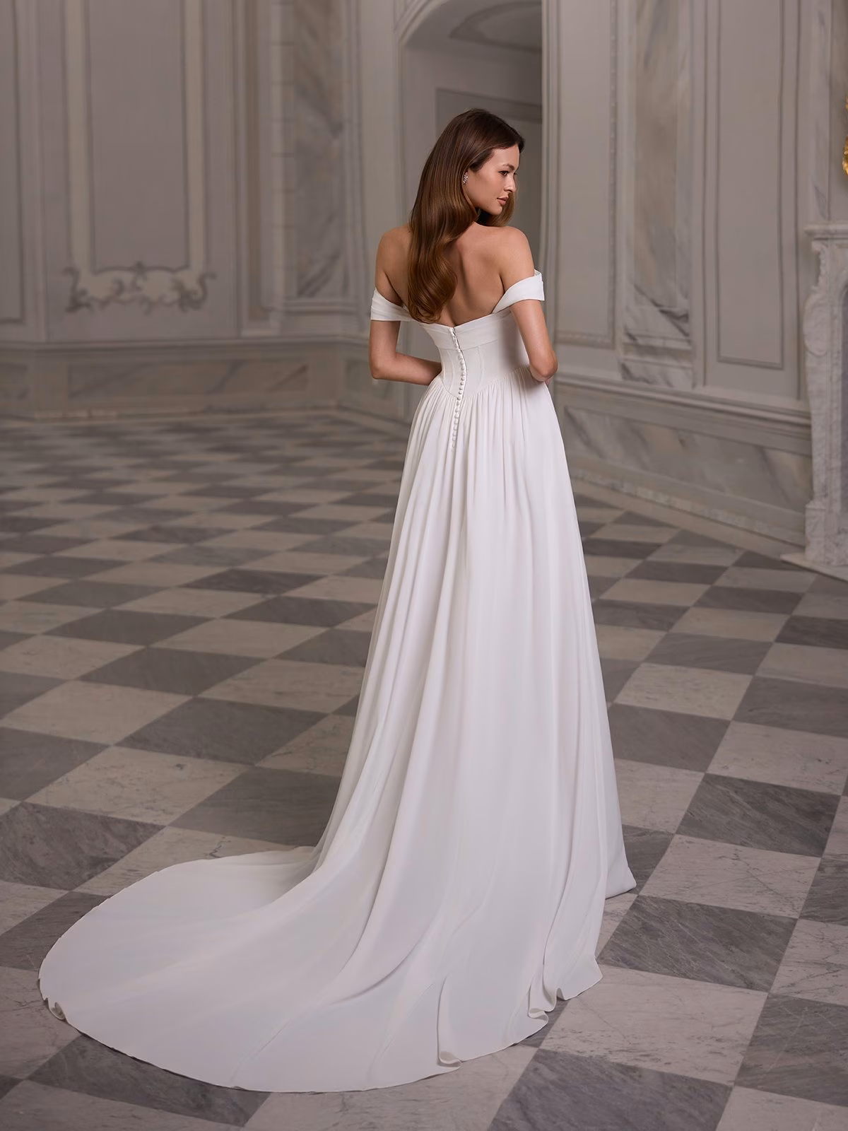 Moonlight Tango T229 Pleated trim open back with exposed boning A-line with sweep train and buttons along zipper