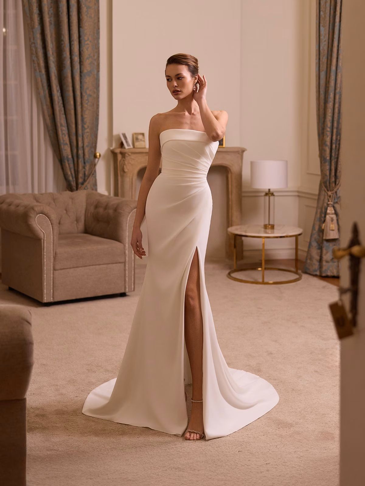 Moonlight Tango T230 Strapless folded straight across neck ruched bodice regal crepe mermaid with slit