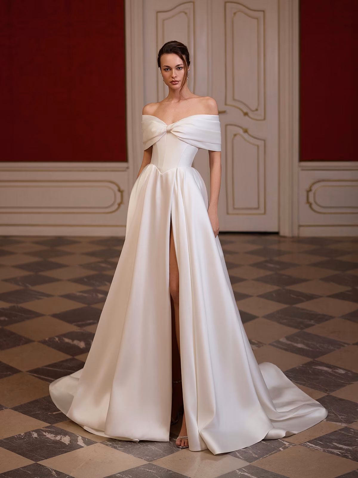 Detachable pleated off-shoulder jacket over silky stretch satin bodice A-line with wrap skirt Moonlight Tango T231