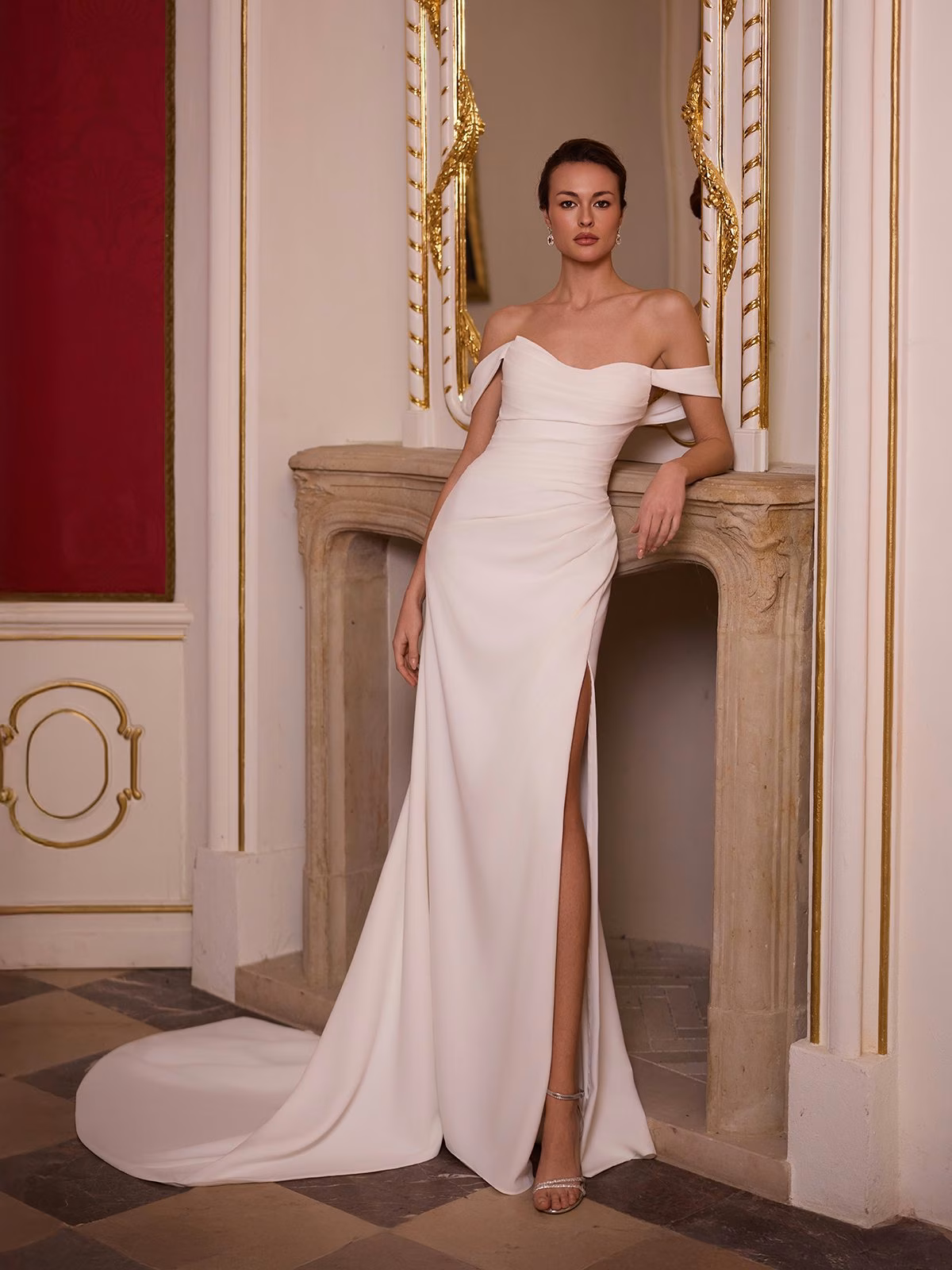 Moonlight Tango T232 Ruched sweetheart and bodice regal crepe mermaid with detachable pleated swag sleeves and high leg slit
