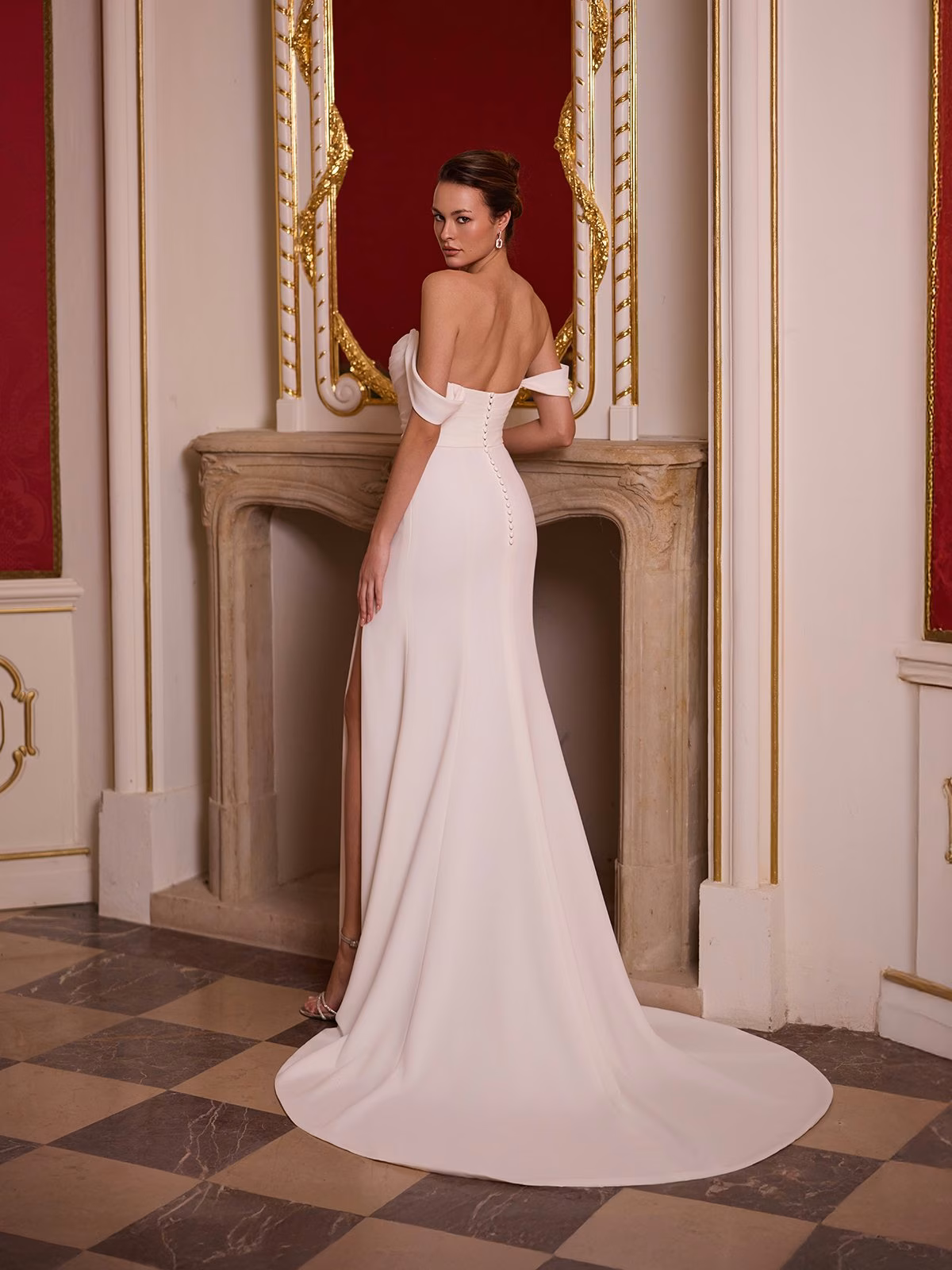 Ruched open back buttons along zipper crepe mermaid with sweep train Moonlight Tango T232