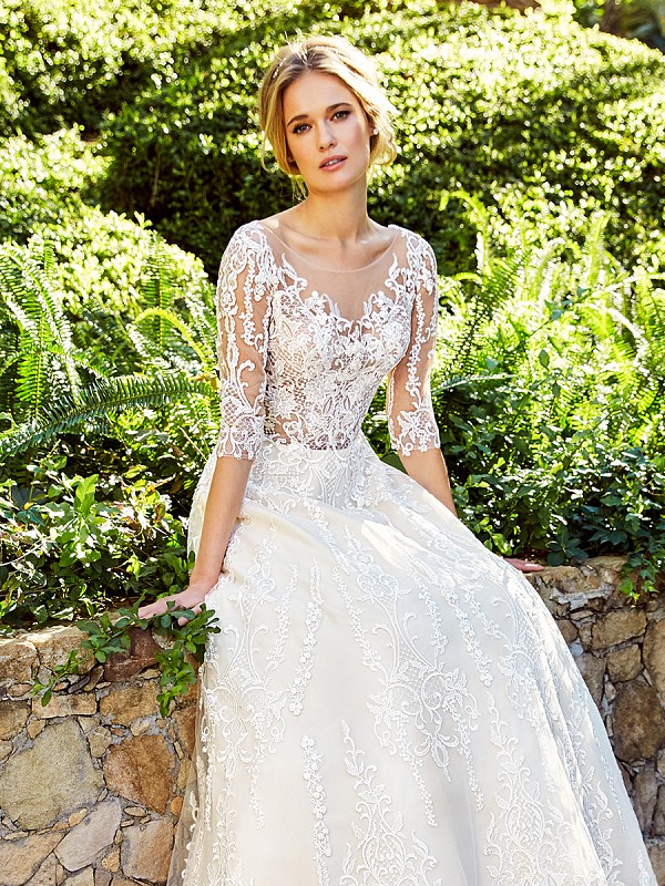 Moonlight Couture H1356A breathtaking unlined full A-line lace wedding gown with sheer long sleeves Moonlight Couture H1356A breathtaking unlined full A-line lace wedding gown with sheer long sleeves