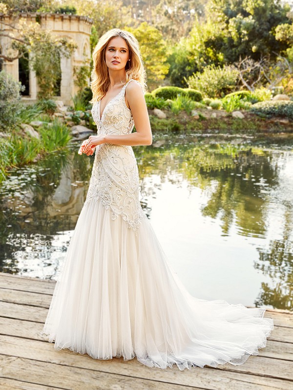 Moonlight Couture H1359 alluring deep V-neck wedding dress with sparkling beaded bodice and simple mermaid skirt Moonlight Couture H1359 alluring deep V-neck wedding dress with sparkling beaded bodice and simple mermaid skirt