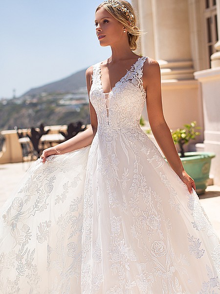 Moonlight Couture H1376 full ball gown wedding dress with bold lace details and straps Moonlight Couture H1376 full ball gown wedding dress with bold lace details and straps