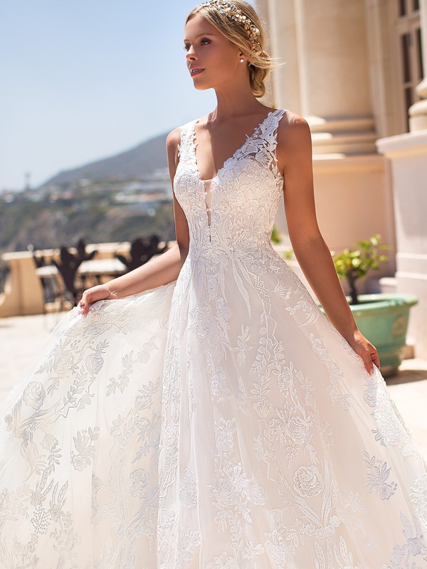 Moonlight Couture H1376 full ball gown wedding dress with bold lace details and straps Moonlight Couture H1376 full ball gown wedding dress with bold lace details and straps