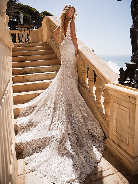 Moonlight Couture H1378 vintage lace low back wedding dress with long train Moonlight Couture H1378 vintage lace low back wedding dress with long train