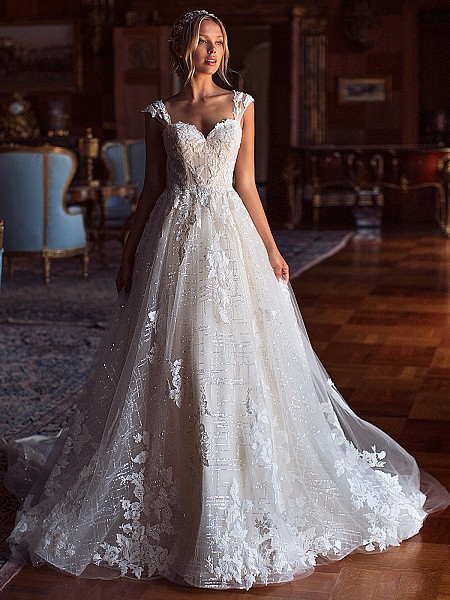 Moonlight Couture H1381 sparkle sequin ball gown with lace cap sleeves Moonlight Couture H1381 sparkle sequin ball gown with lace cap sleeves